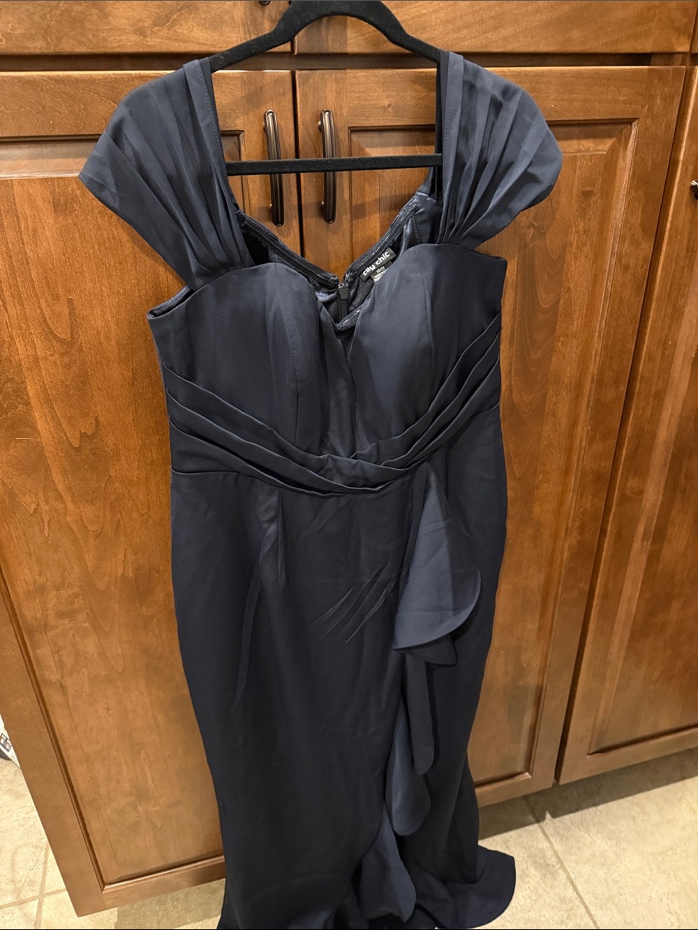 City Chic Navy Cap-Sleeve Ruffled Gown